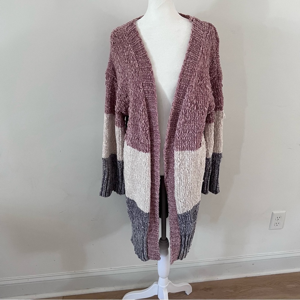 POL Colorblock Open Front Long Lone Chenille Knit Cardigan |Size Large|